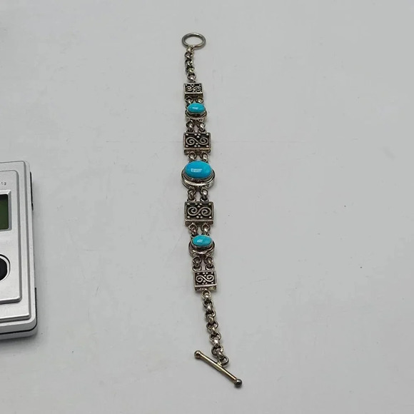 Turquoise Sterling Silver 925 Vintage Bracelet Intricate Design Toggle Clasp - Picture 4 of 7
